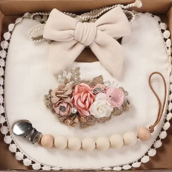 Baby Girl Gift Box | Boho Bib | Pacifier Clip | Baby Bow Headbands - Picture 1 of 4